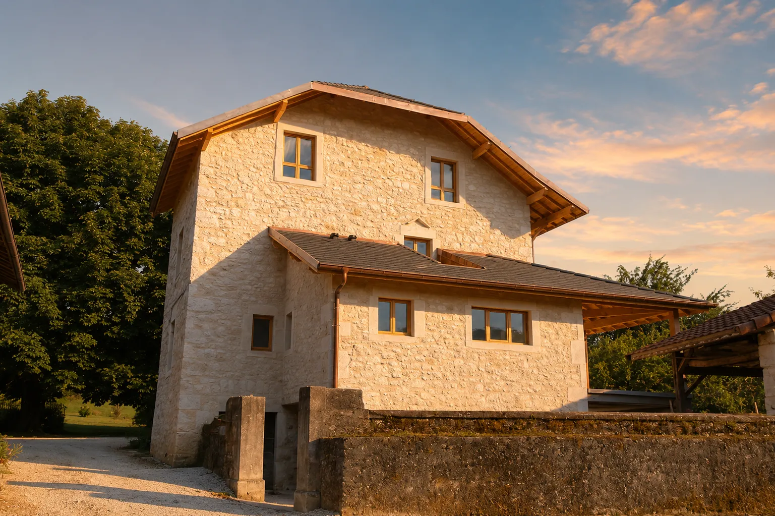 Maison façade en pierre enduite à chaux