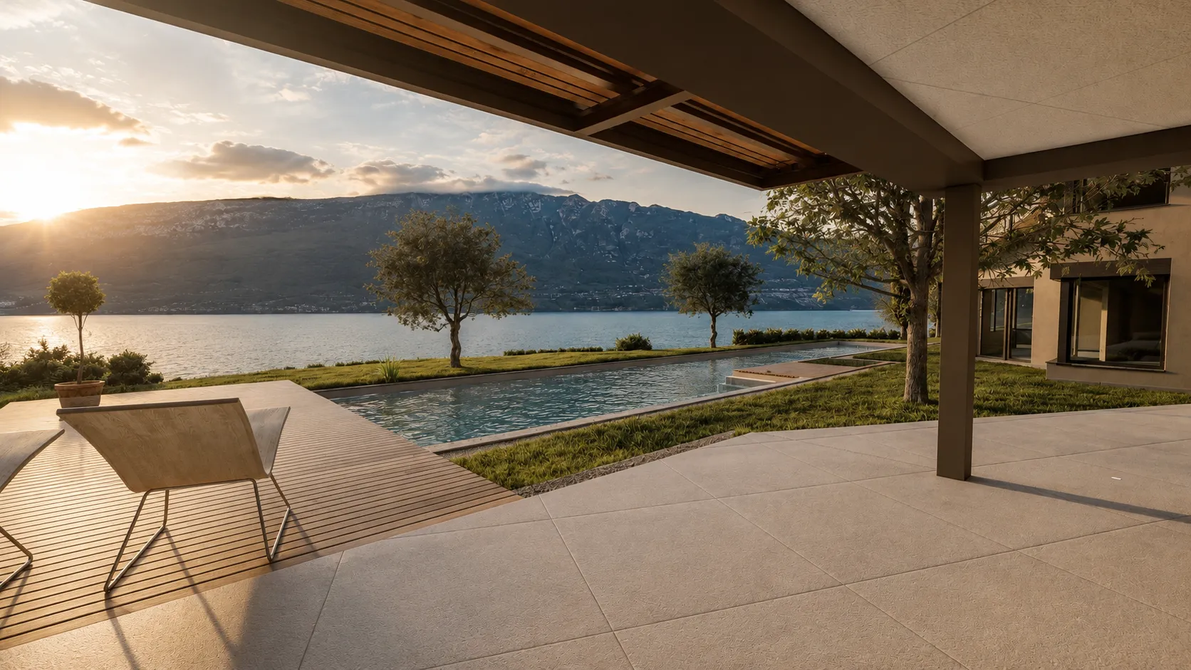 Extension salon extérieur, face lac du Bourget et piscine